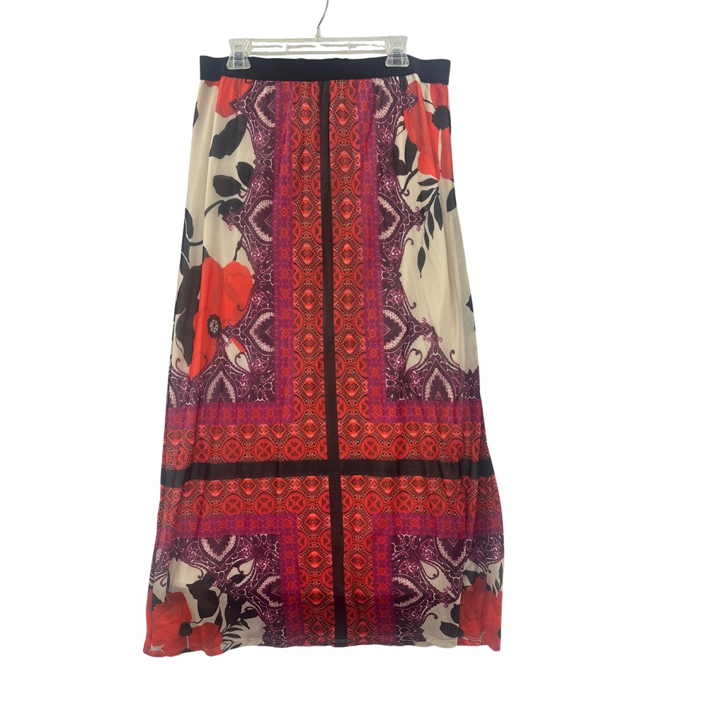 Chico's Maxi Skirt Womens 2 Large Red Floral Paisley Mesh Lined Elastic Waist